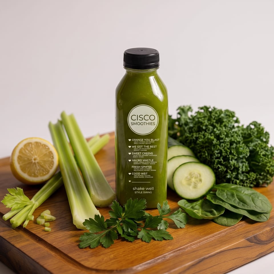 CISCO Smoothies green drink bottle surrounded by celery, lemon, cucumber, kale, spinach, and parsley on a wooden board.