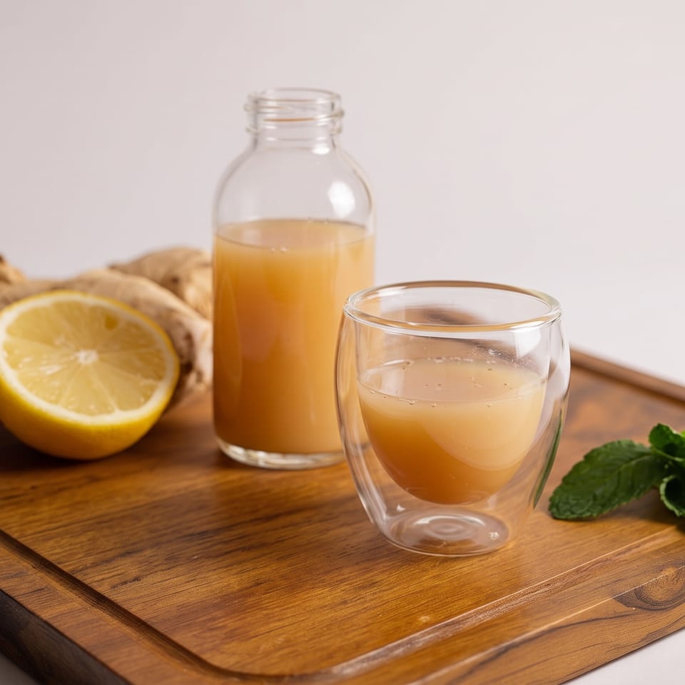 Glass of citrus-ginger juice with a bottle, lemon half, ginger root, and mint leaves on a wooden serving board.