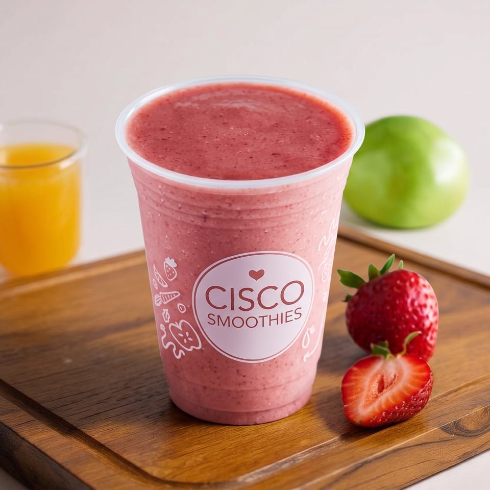 Pink strawberry smoothie in a Cisco Smoothies cup on a wooden tray, with strawberries, a green apple, and orange juice nearby.