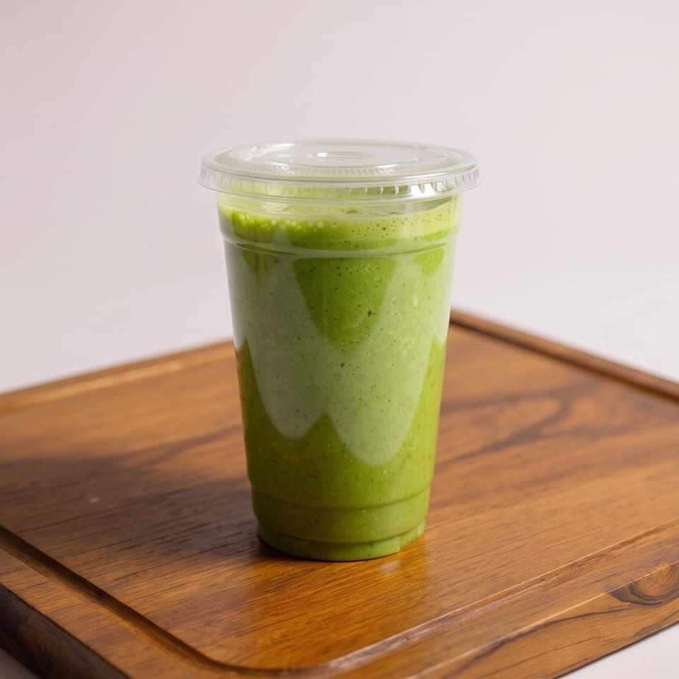 Green smoothie in a clear lidded cup sitting on a wooden serving board.