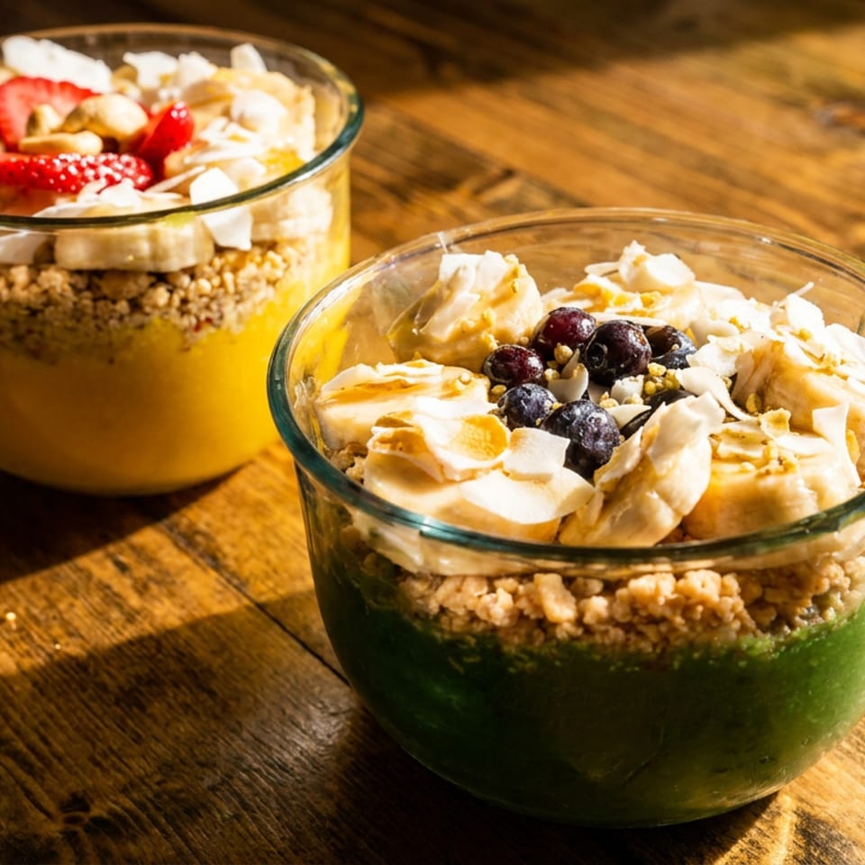 Two glass bowls of layered smoothie parfaits topped with granola, sliced bananas, berries, coconut, and nuts on a wooden table.