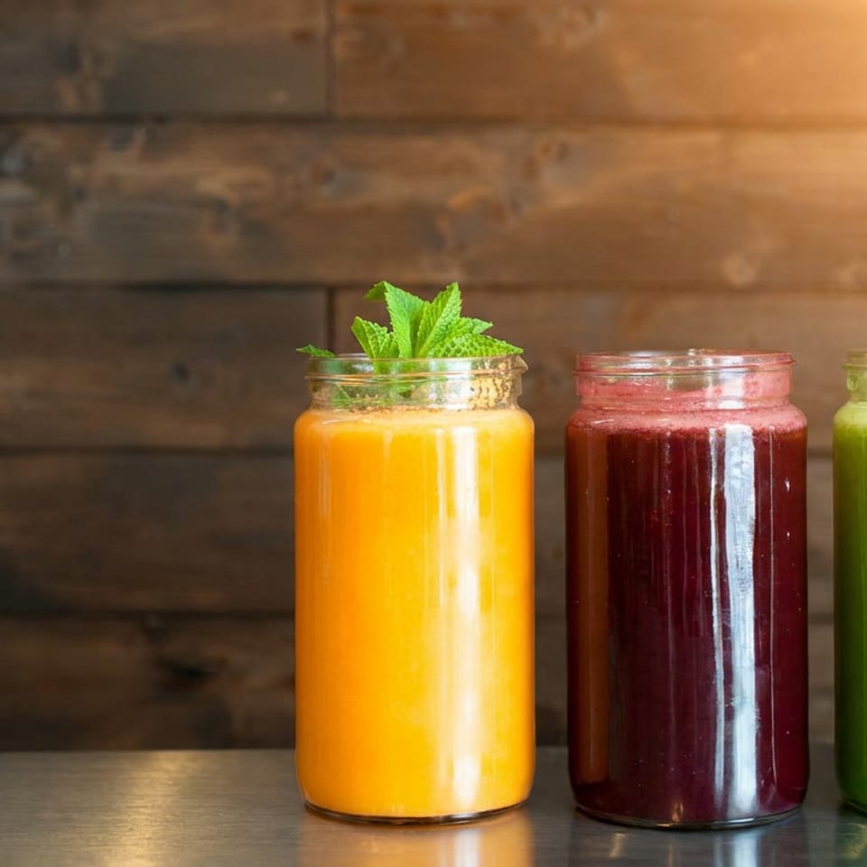 Three colorful juices in glass jars, garnished with mint and lemon, sit on a table against a rustic wooden backdrop.