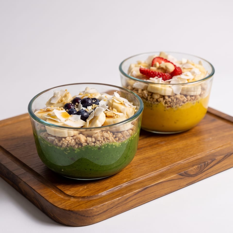 Two layered smoothie bowls topped with fruit, granola, coconut, and seeds sit on a wooden serving board.